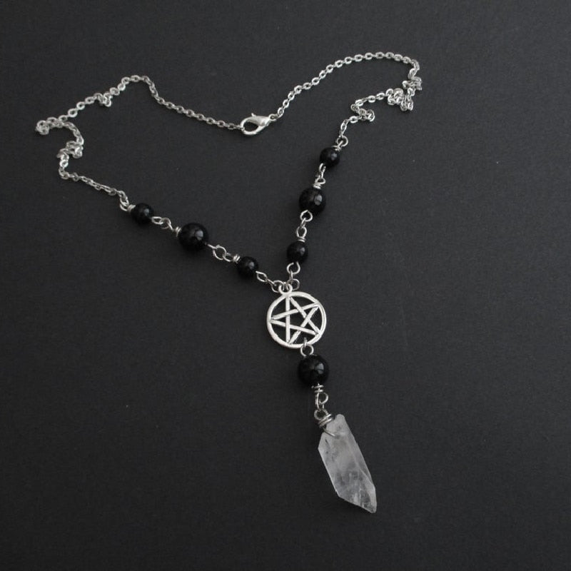 Gothic Beaded Pentagram and Crystal Necklace