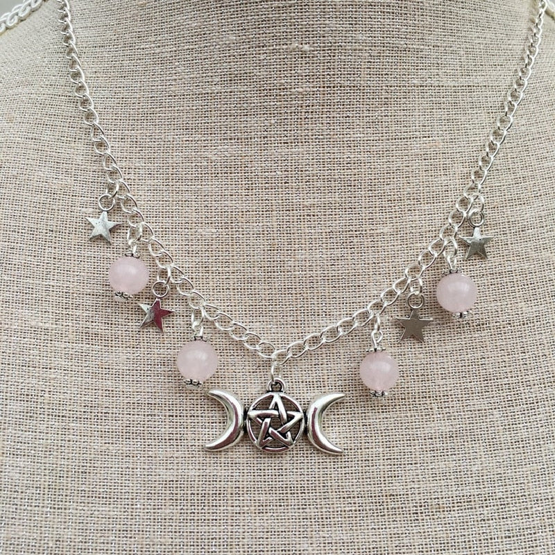 Gothic Beaded Pentagram and  Crystal Necklace