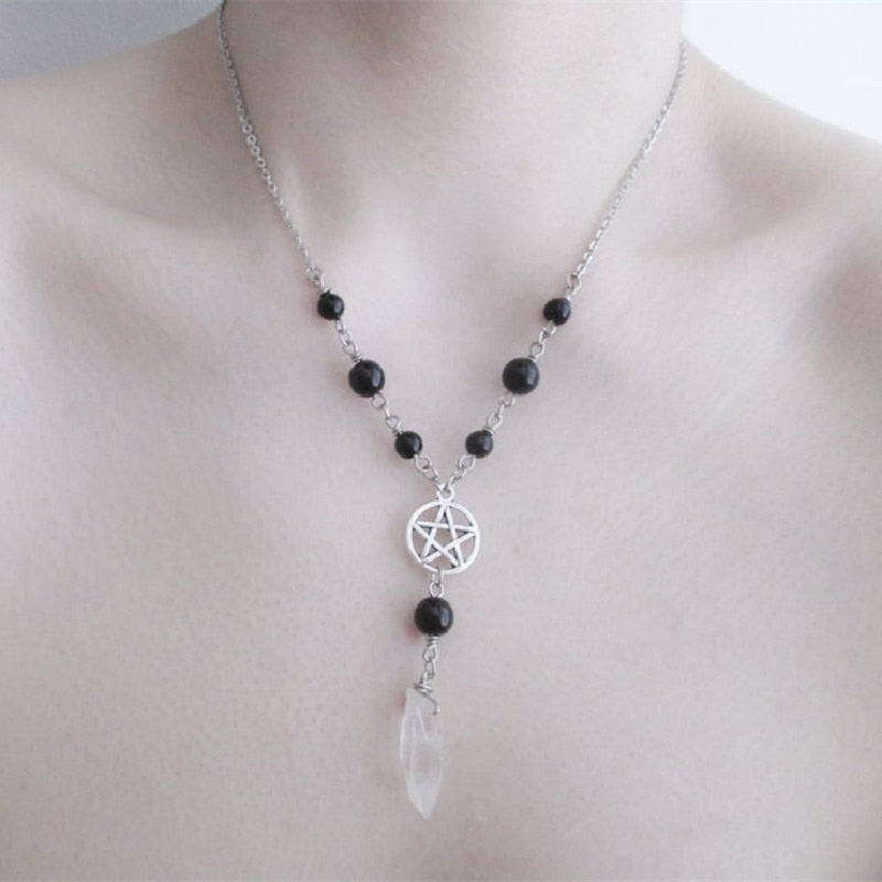Gothic Beaded Pentagram and  Crystal Necklace