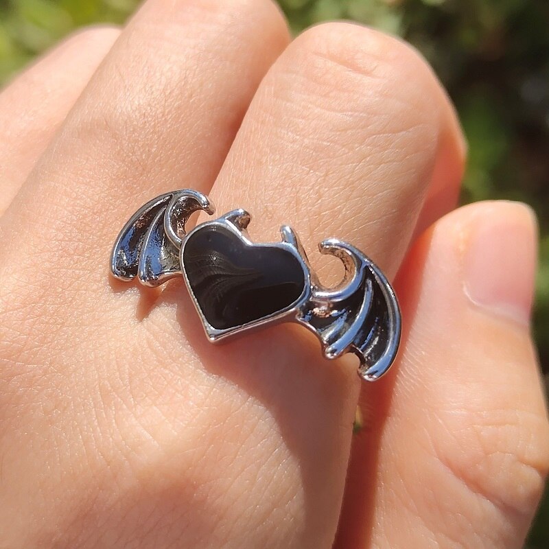 Gothic Devil Heart Wing Rings (size 7)