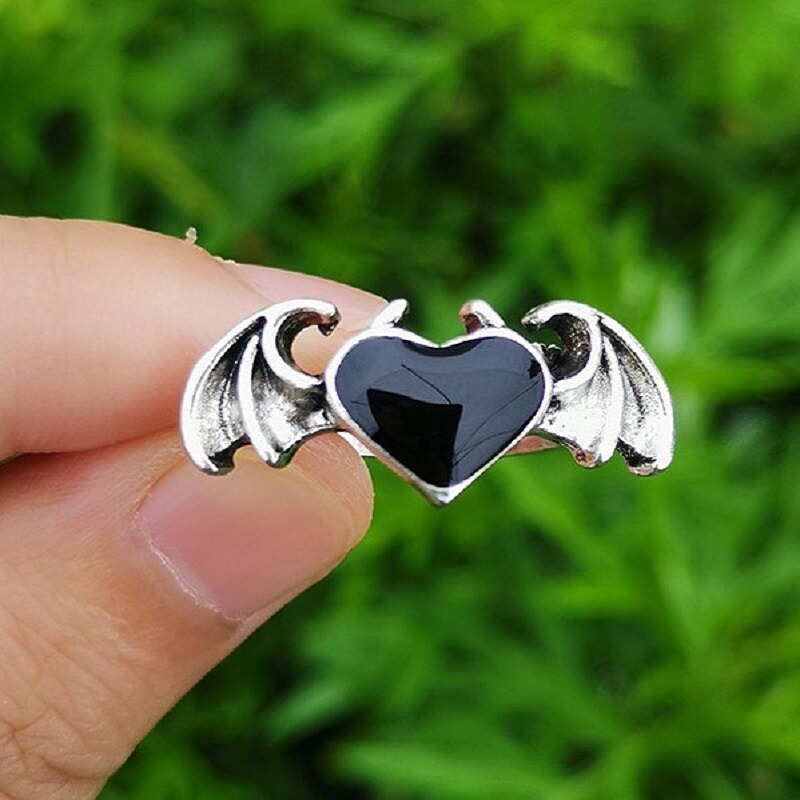 Gothic Devil Heart Wing Rings (size 7)