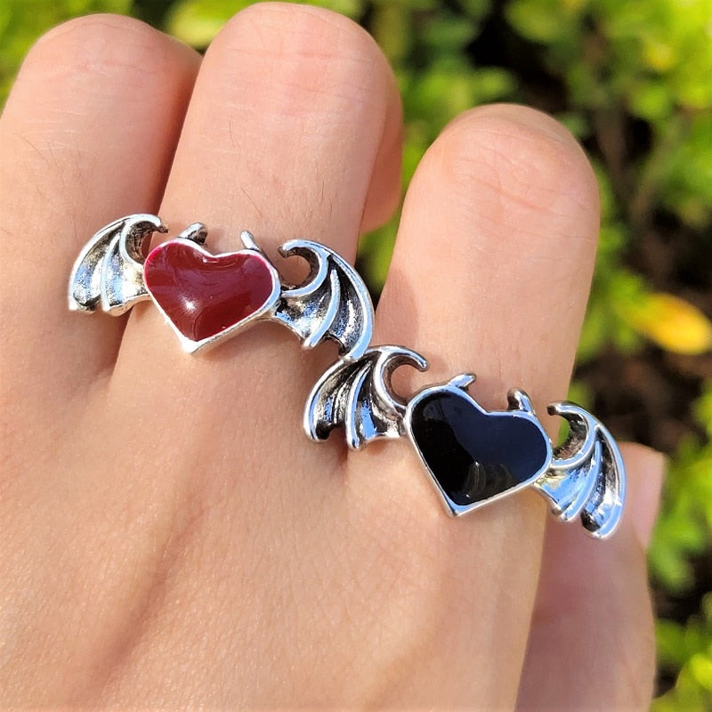 Gothic Devil Heart Wing Rings (size 7)