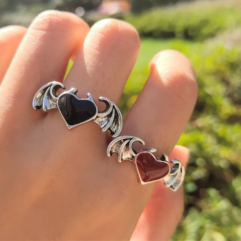 Gothic Devil Heart Wing Rings (size 7)